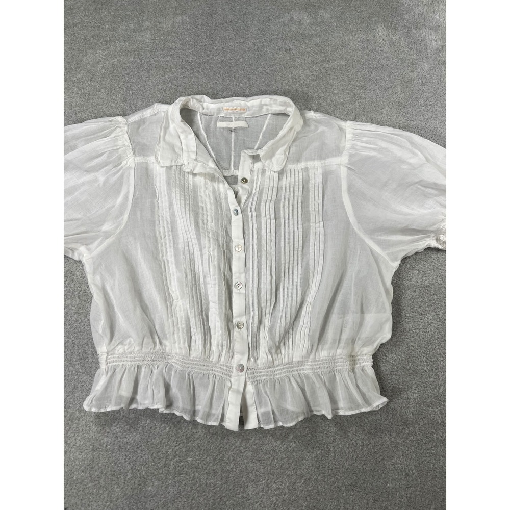 MOTHER Pins & Needles Cotton Button-Up Top L White Pintuck Smocked Victorian - Picture 8 of 13
